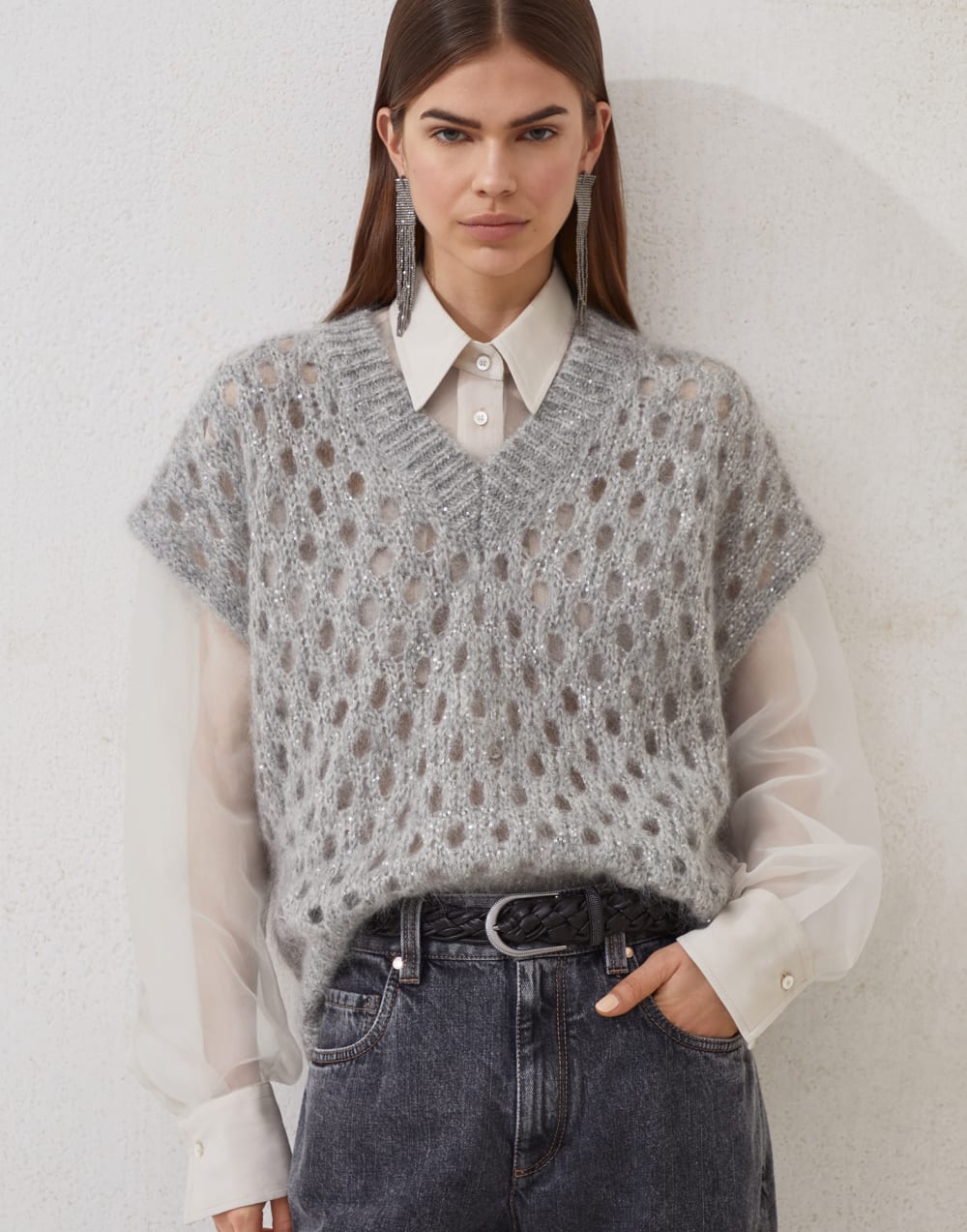 Pull sans manches Dazzling Net Gris Clair Femme - Brunello Cucinelli