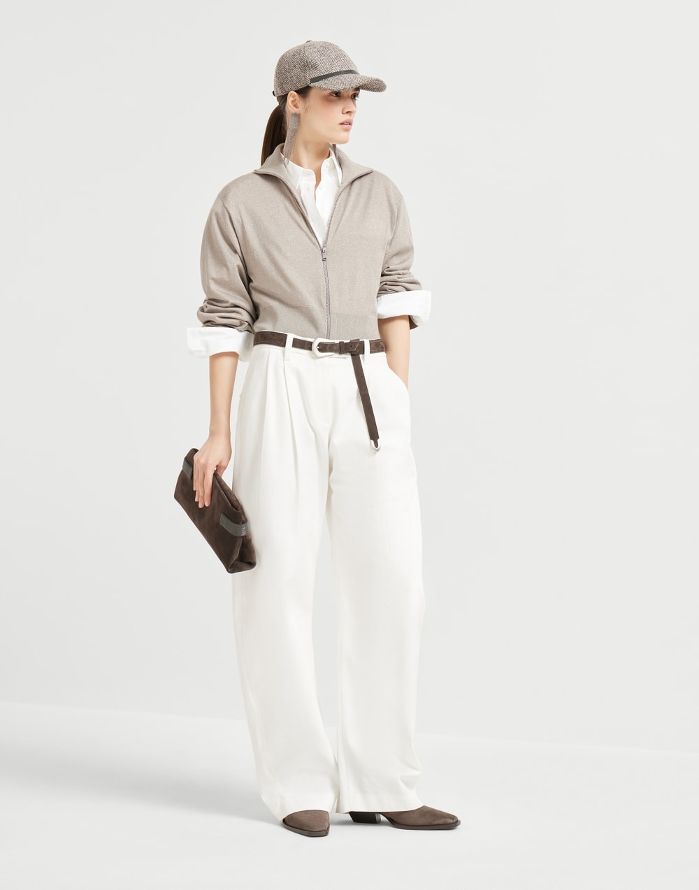 丝绒混纺对襟衫 咖啡色 女款 - Brunello Cucinelli