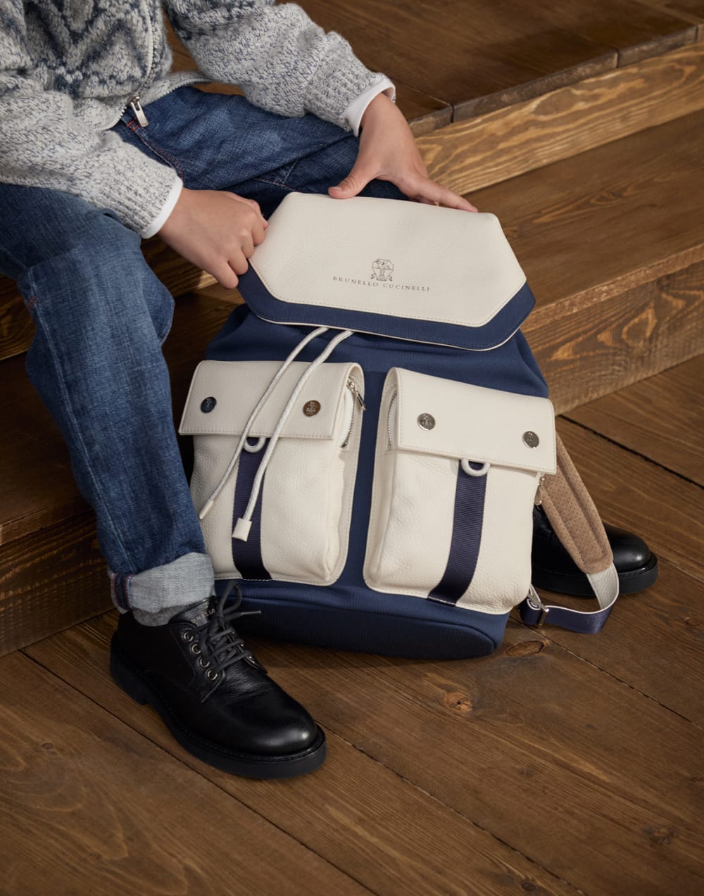 小牛皮双肩包 蓝色 男童 - Brunello Cucinelli
