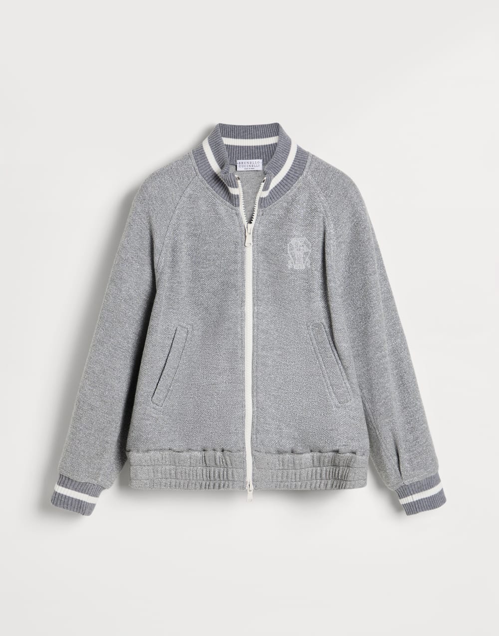 Piqué sweatshirt with zipper and logo Grey Girls - Brunello Cucinelli