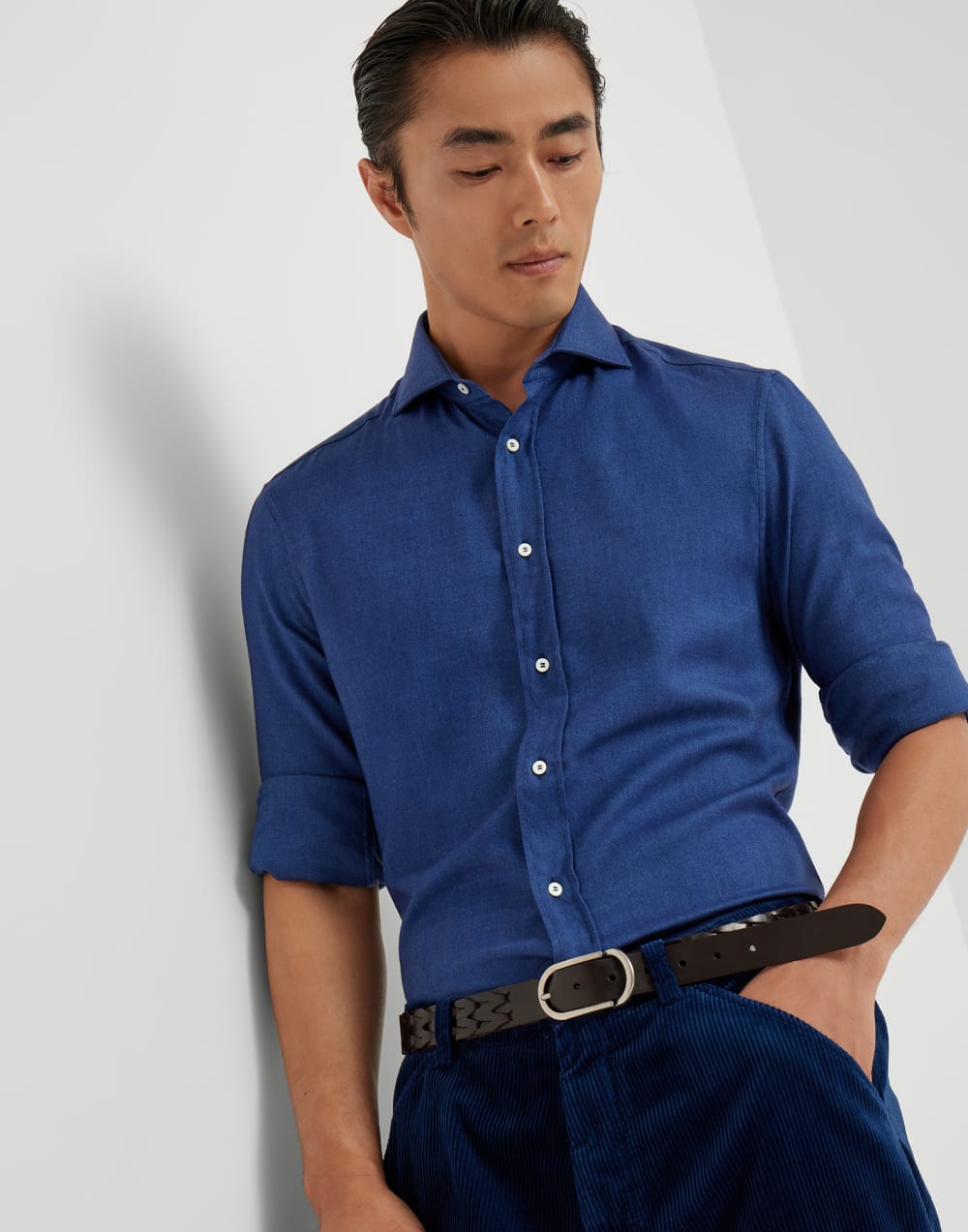 Flannel chevron shirt Avio Blue Man - Brunello Cucinelli