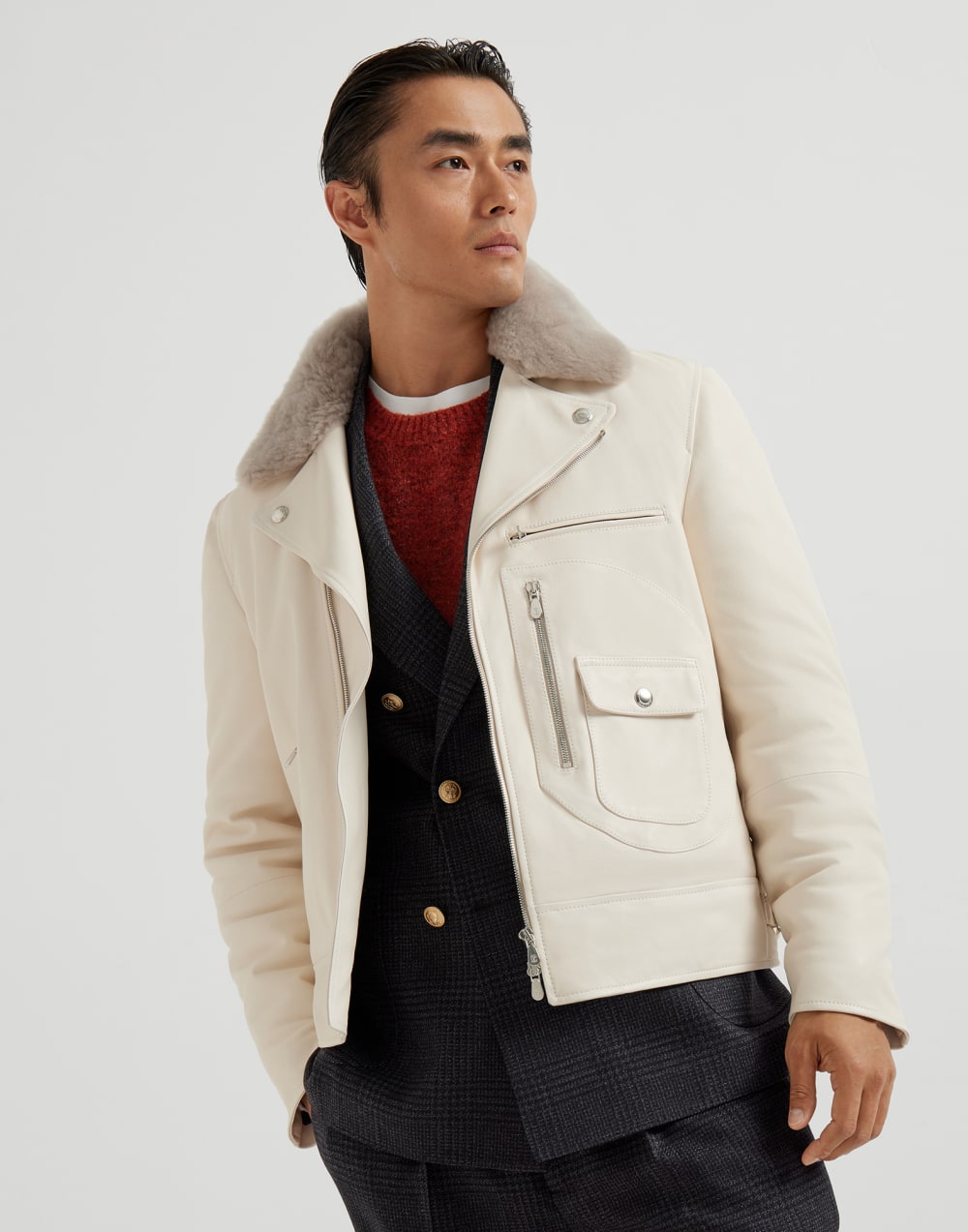 Nappa leather padded biker jacket Ivory Man - Brunello Cucinelli