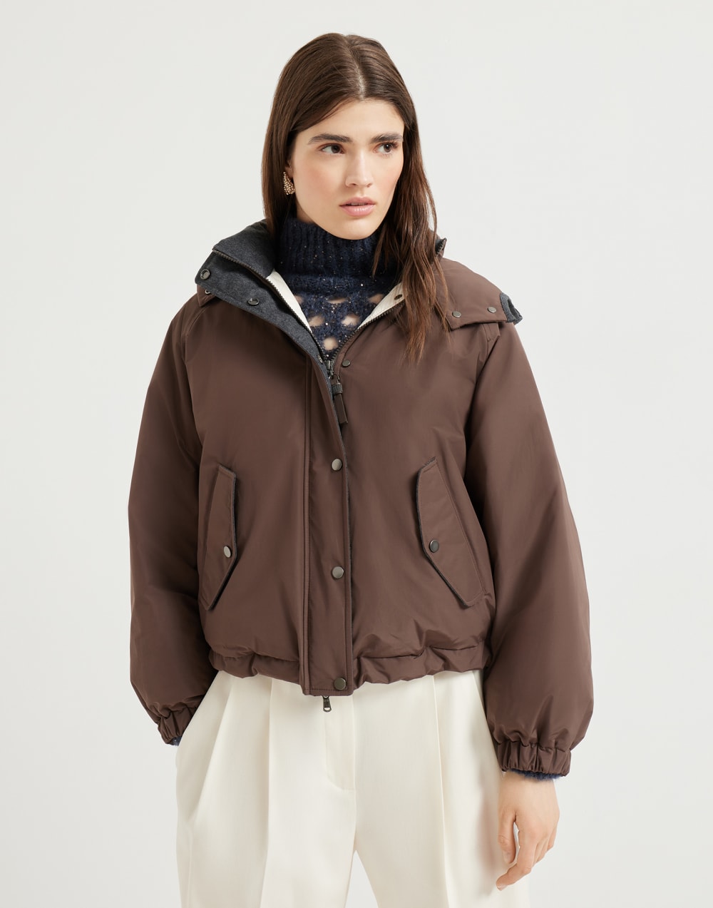 Crop down jacket with monili Pine Cone Brown Woman - Brunello Cucinelli