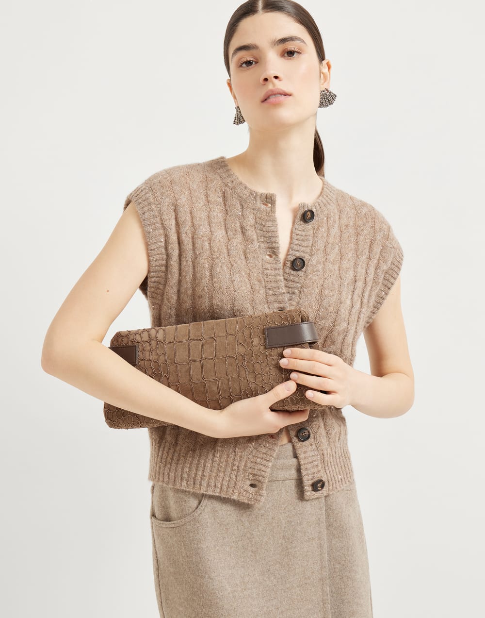 Essence 鳄鱼纹刺绣手拿包 棕色 女款 - Brunello Cucinelli