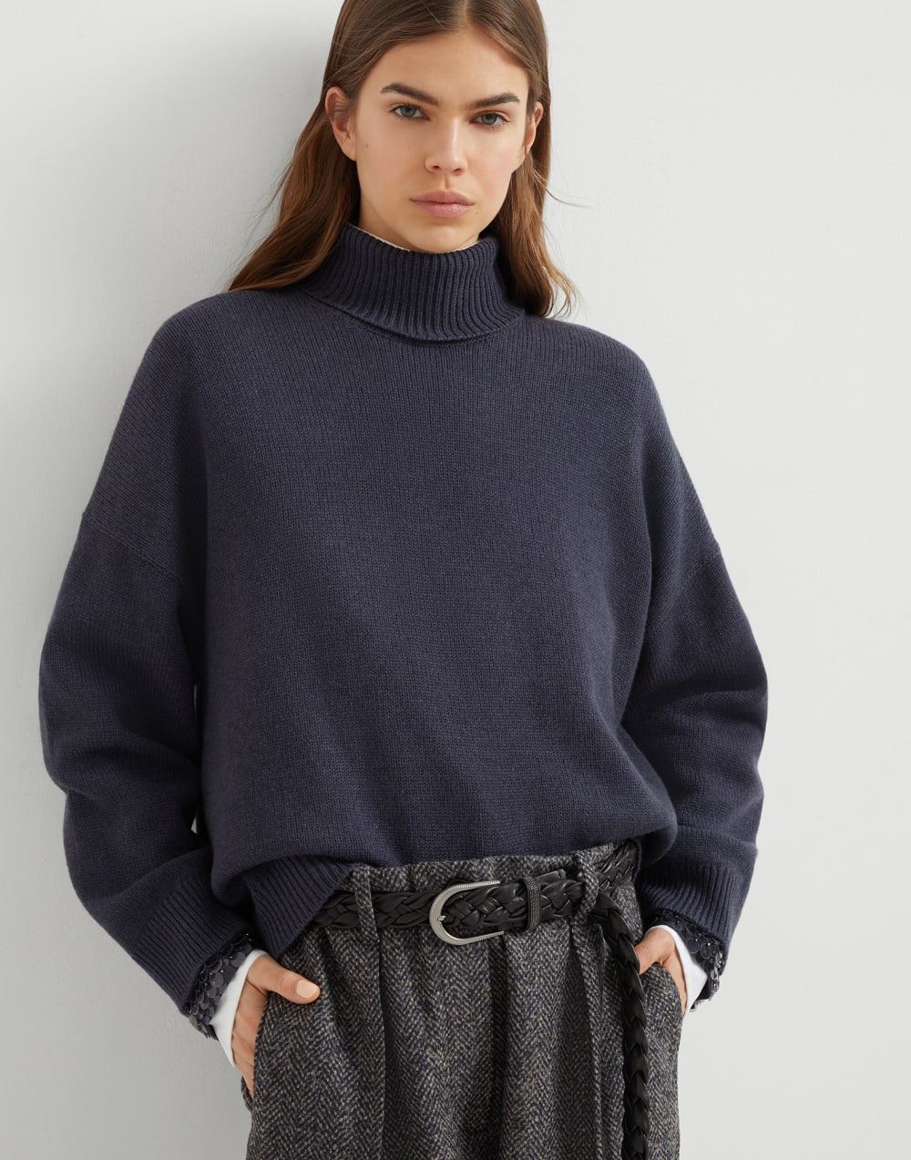 Jersey de lana virgen, cachemir y seda Azul Aviación Mujer - Brunello Cucinelli