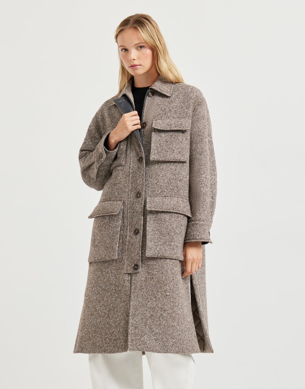 Mélange diagonal coat Light Brown Woman - Brunello Cucinelli
