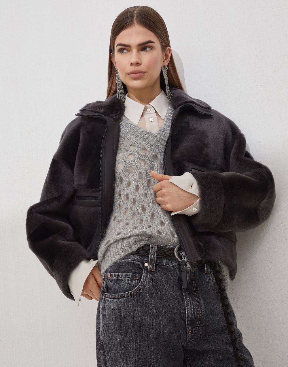 Shearling outerwear Charcoal Woman - Brunello Cucinelli