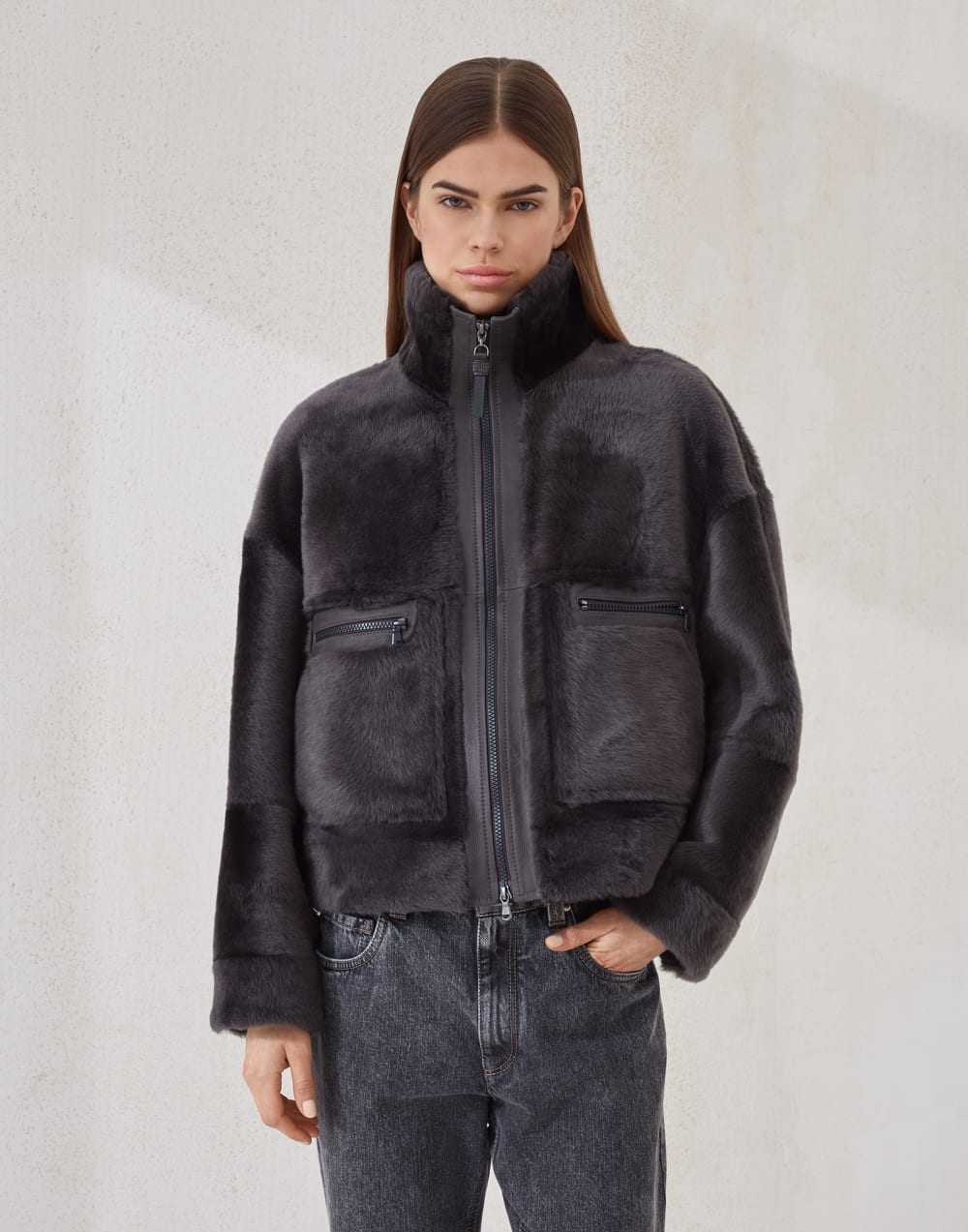 Shearling outerwear Charcoal Woman - Brunello Cucinelli