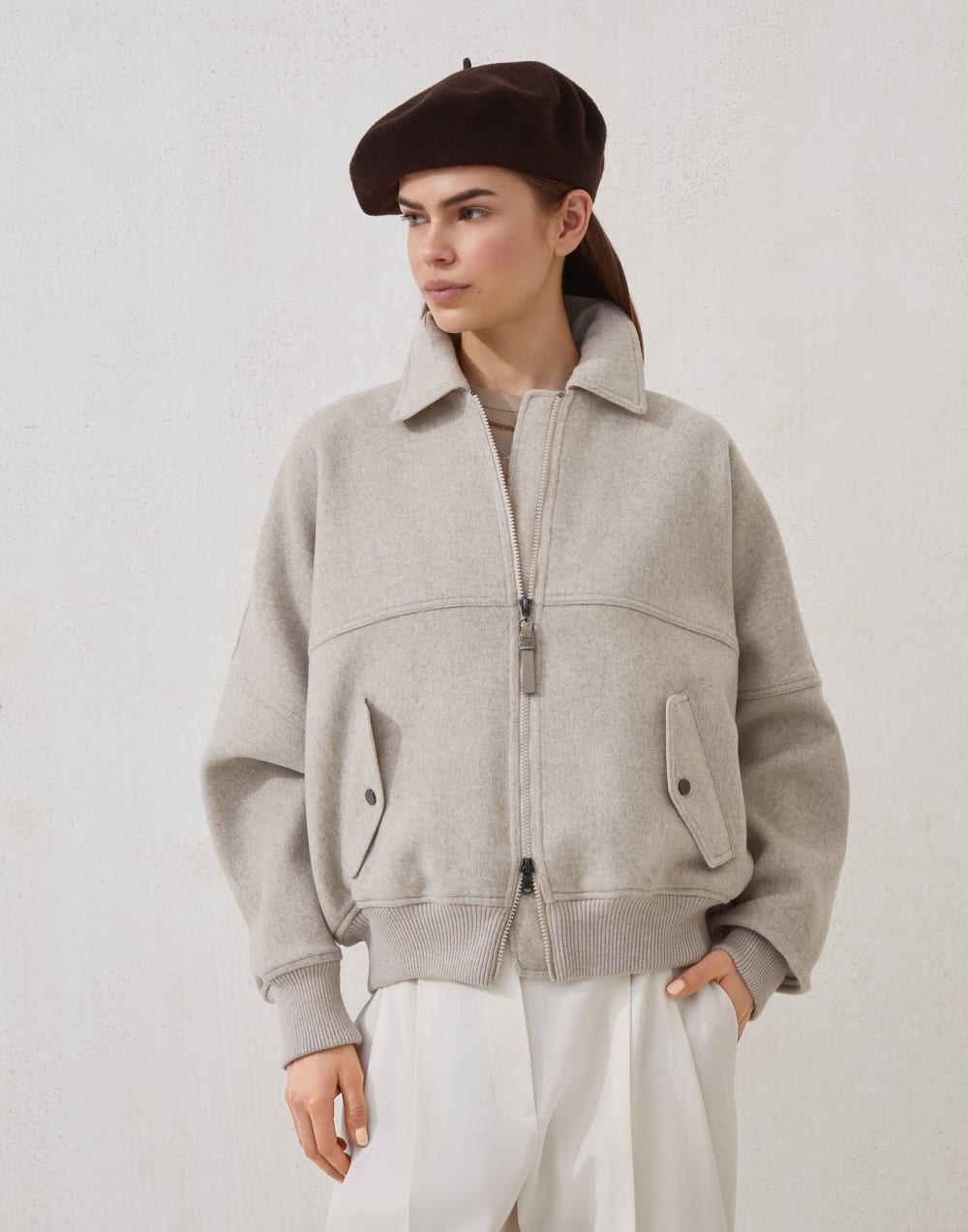 Cashmere and wool cloth bomber jacket Cool Beige Woman - Brunello Cucinelli