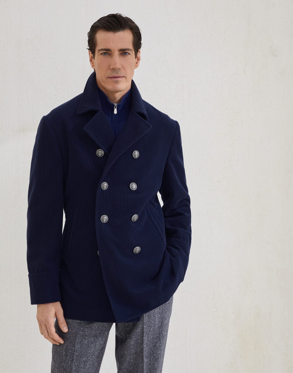 Cashmere corduroy pea coat Blue Man - Brunello Cucinelli