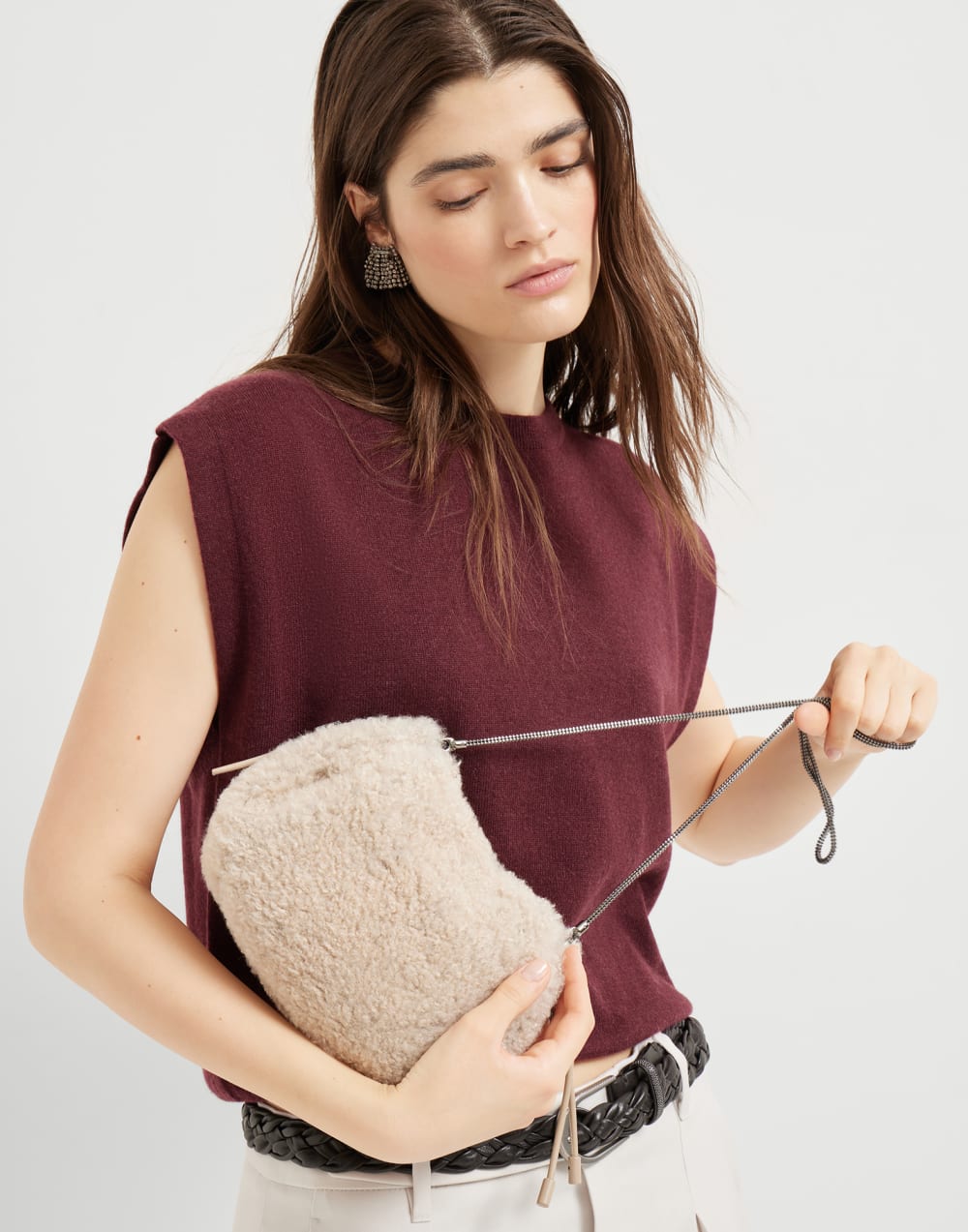Shearling Mellow mini bucket bag Milk Woman - Brunello Cucinelli