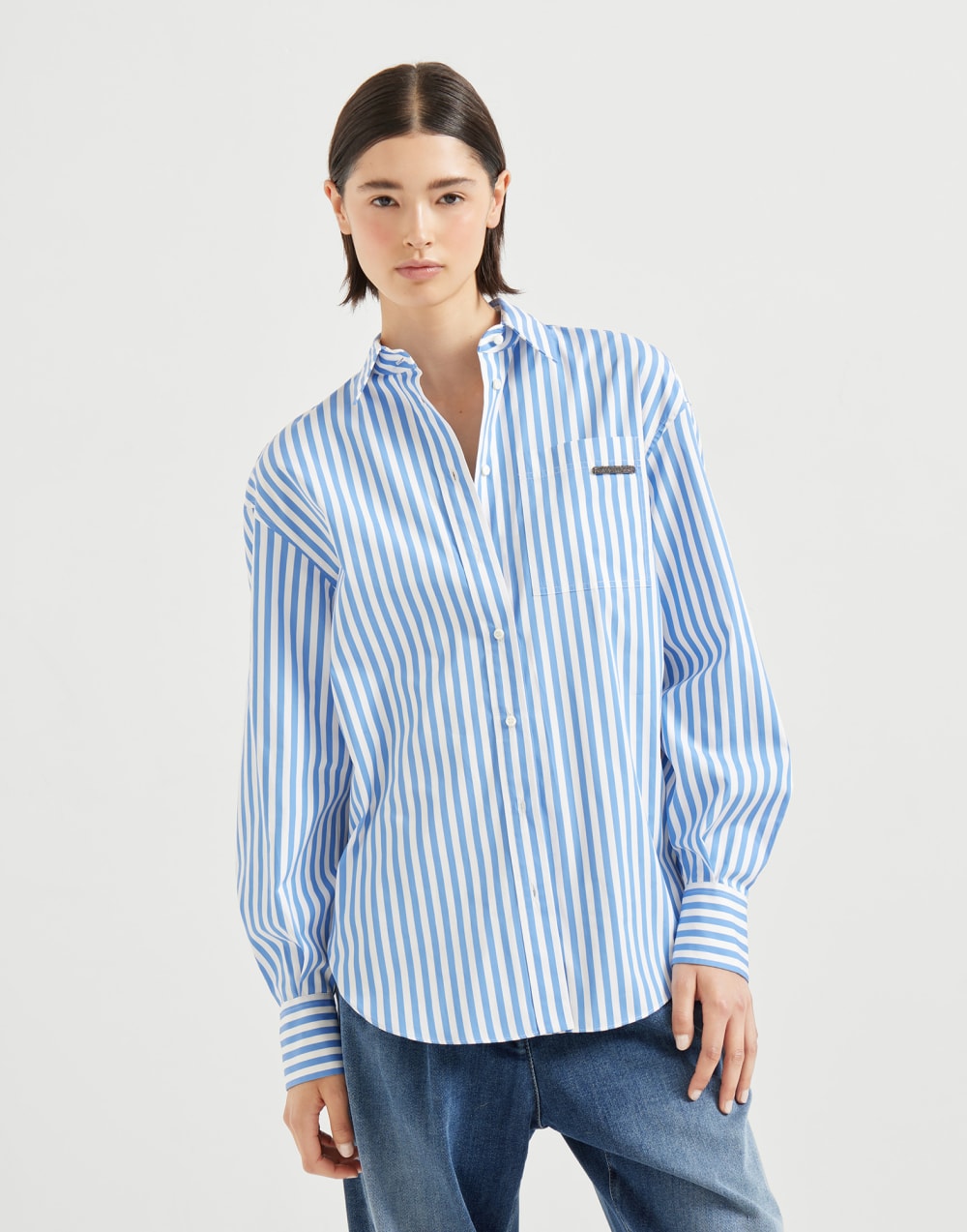 Striped poplin shirt Azure Woman - Brunello Cucinelli