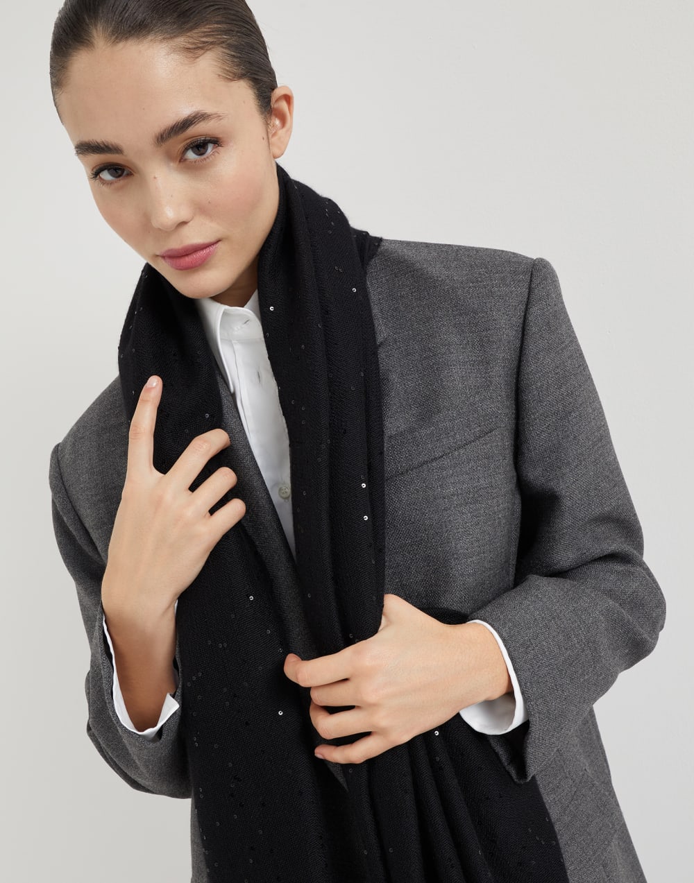 Cashmere and silk Diamond yarn scarf Black Woman - Brunello Cucinelli