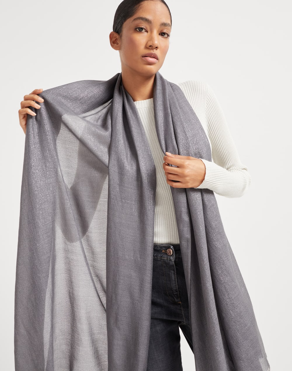 Cashmere and silk sparkling scarf Anthracite Woman - Brunello Cucinelli