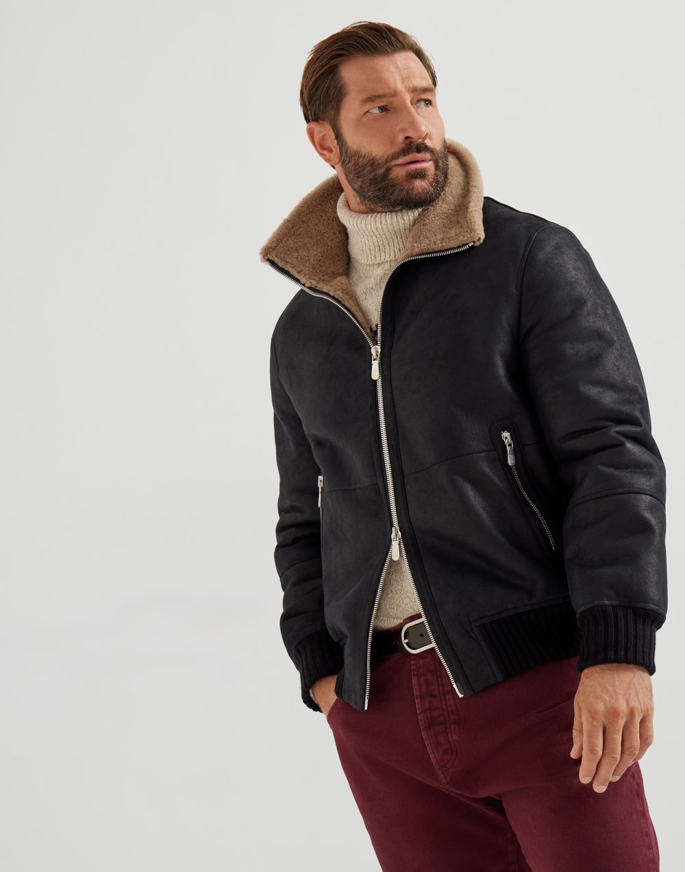 Nubuck shearling bomber jacket Black Man - Brunello Cucinelli