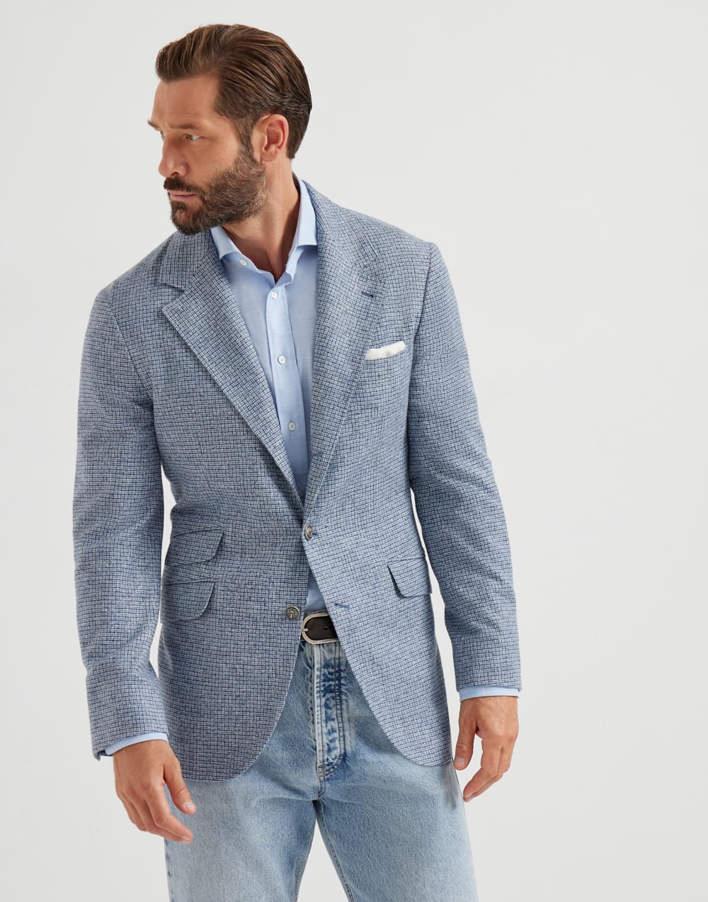 Chaqueta deconstruida a cuadros Denim Hombre - Brunello Cucinelli