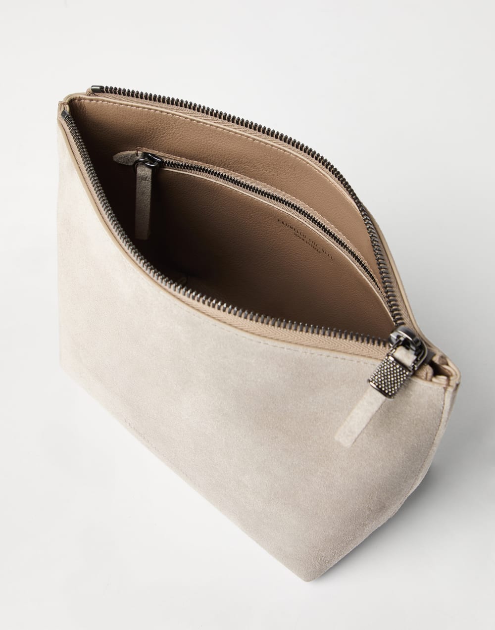 镶珠装饰绒面革手拿包 浅灰 女款 - Brunello Cucinelli