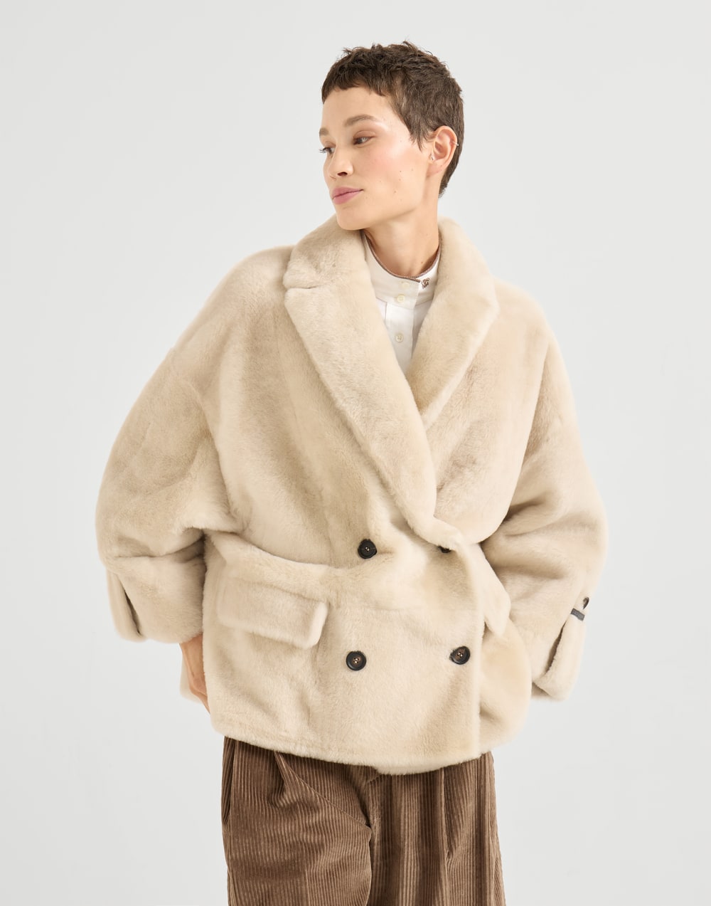 Shearling reversible outerwear Ivory Woman - Brunello Cucinelli