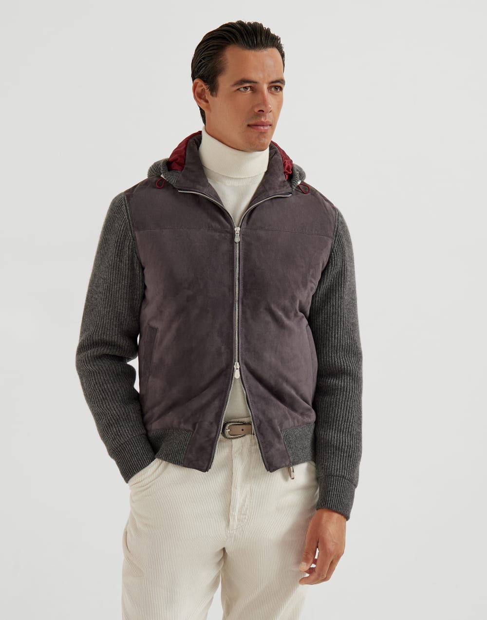 Suede bomber jacket with quilting Slate Man - Brunello Cucinelli
