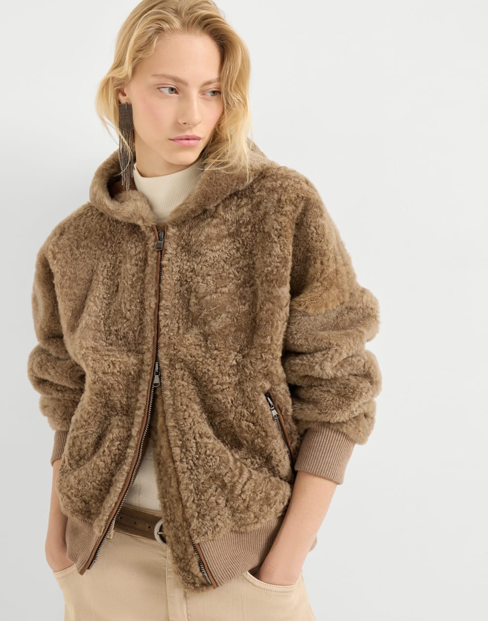Fuzzy shearling outerwear jacket Brown Woman - Brunello Cucinelli