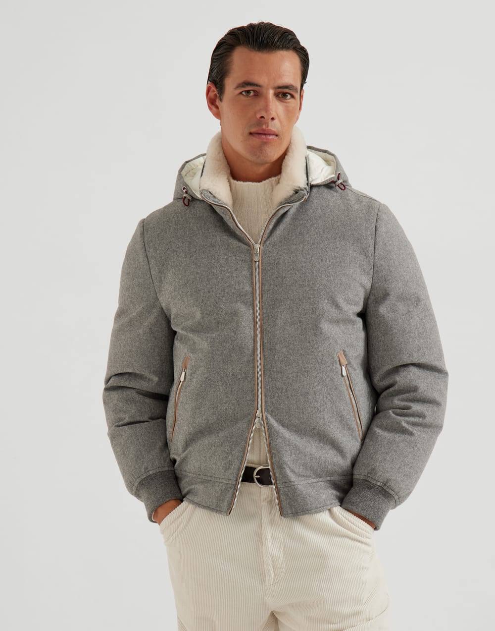 Down jacket with detachable hood Light Grey Man - Brunello Cucinelli