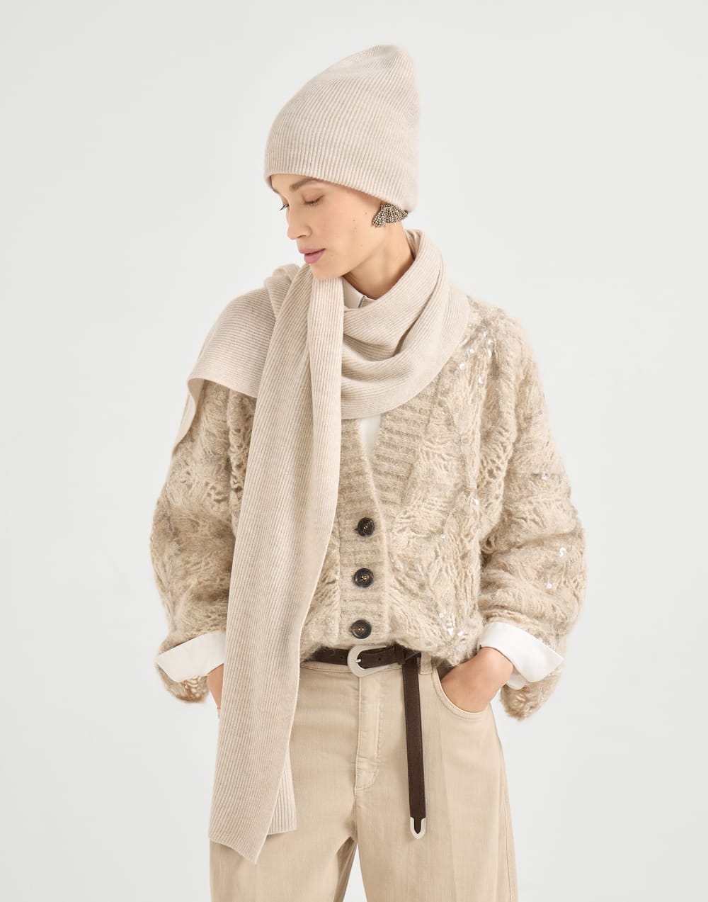Cashmere knit scarf Oyster Woman - Brunello Cucinelli