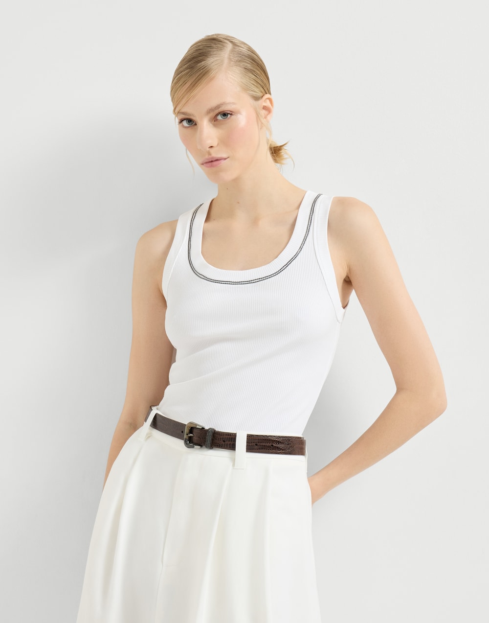 Top in jersey a costina Bianco Donna - Brunello Cucinelli