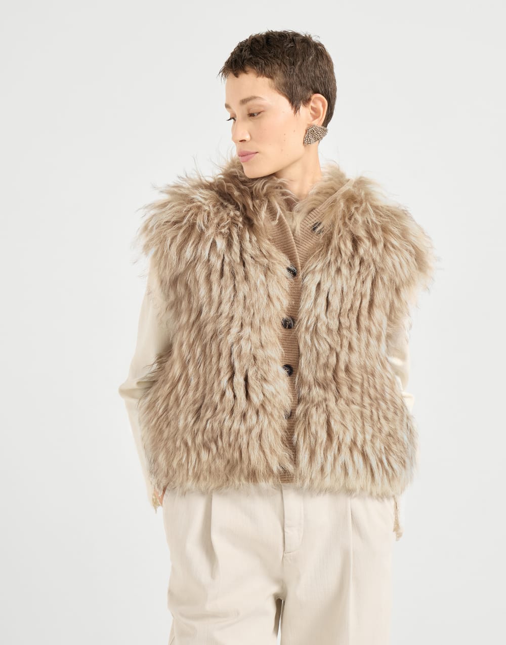 Gilet Cozy Shearling Marron Clair Femme - Brunello Cucinelli