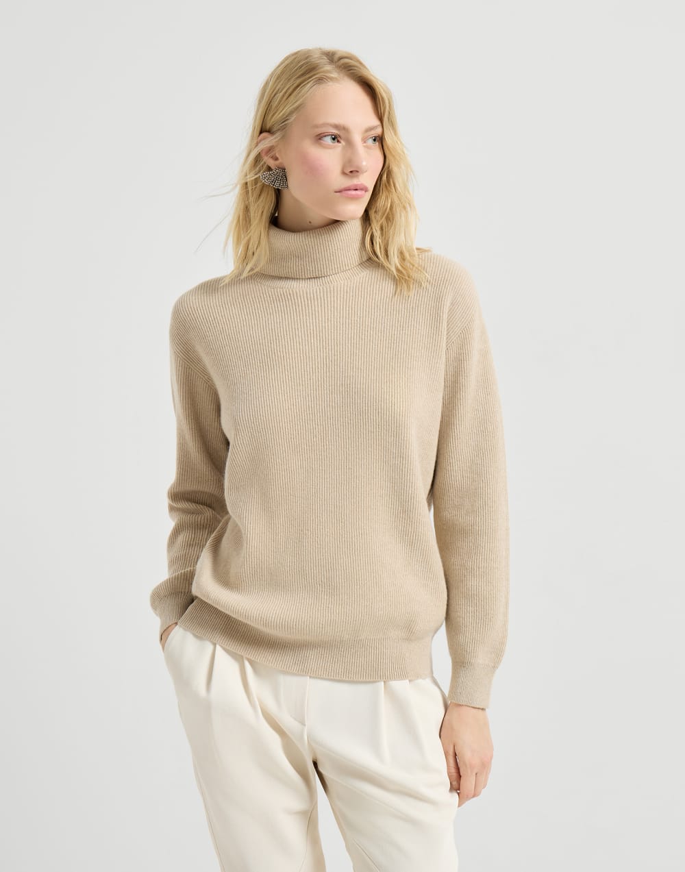 Cashmere and vicuña turtleneck sweater Beige Woman - Brunello Cucinelli