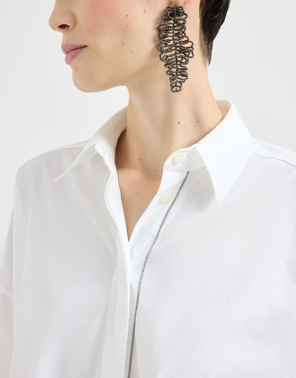 镶珠装饰弹力府绸衬衫 白色 女款 - Brunello Cucinelli