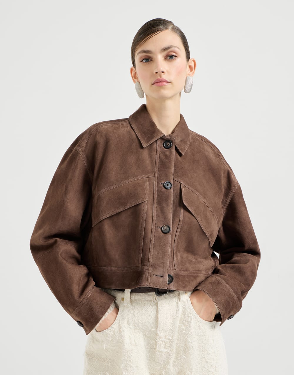 Couture suede cropped outerwear jacket Brown Woman - Brunello Cucinelli