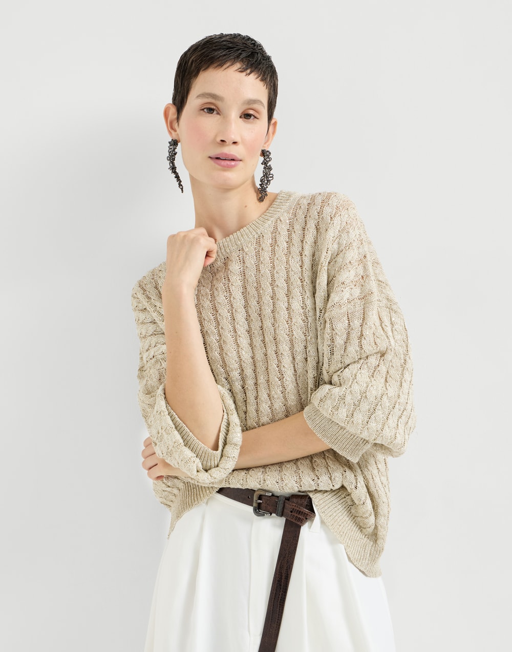 Dazzling Cable sweater Beige Woman - Brunello Cucinelli