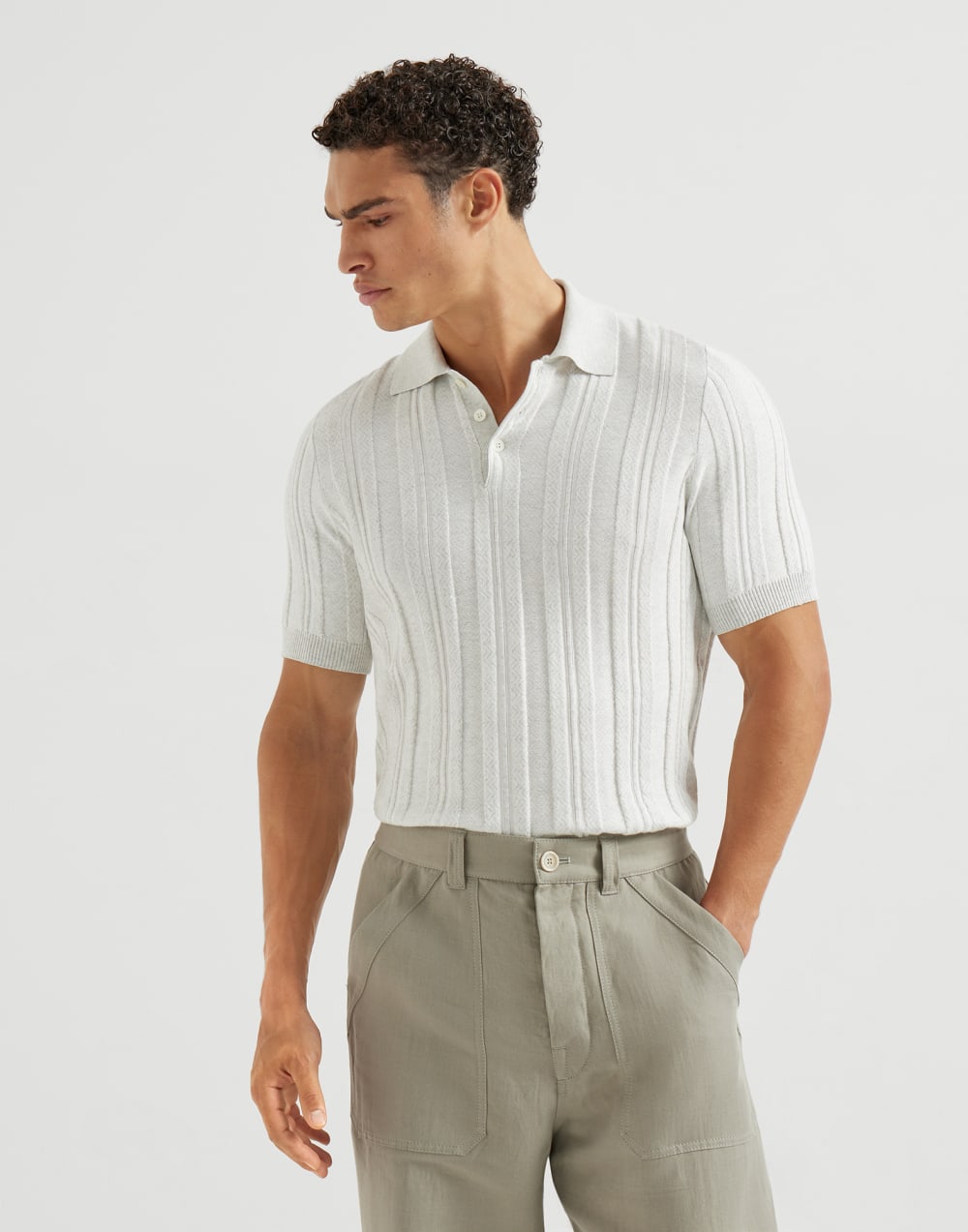Jacquard knit polo shirt Fog Man - Brunello Cucinelli