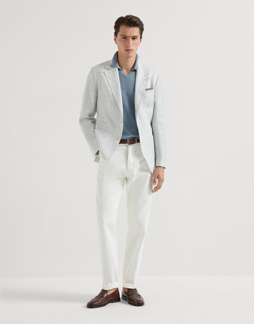 Cotton English rib knit polo Sky Blue Man - Brunello Cucinelli