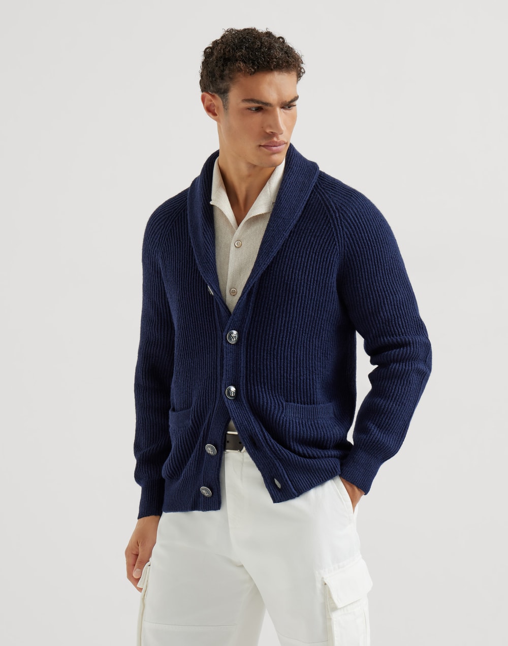 English rib knit cardigan Navy Blue Man - Brunello Cucinelli