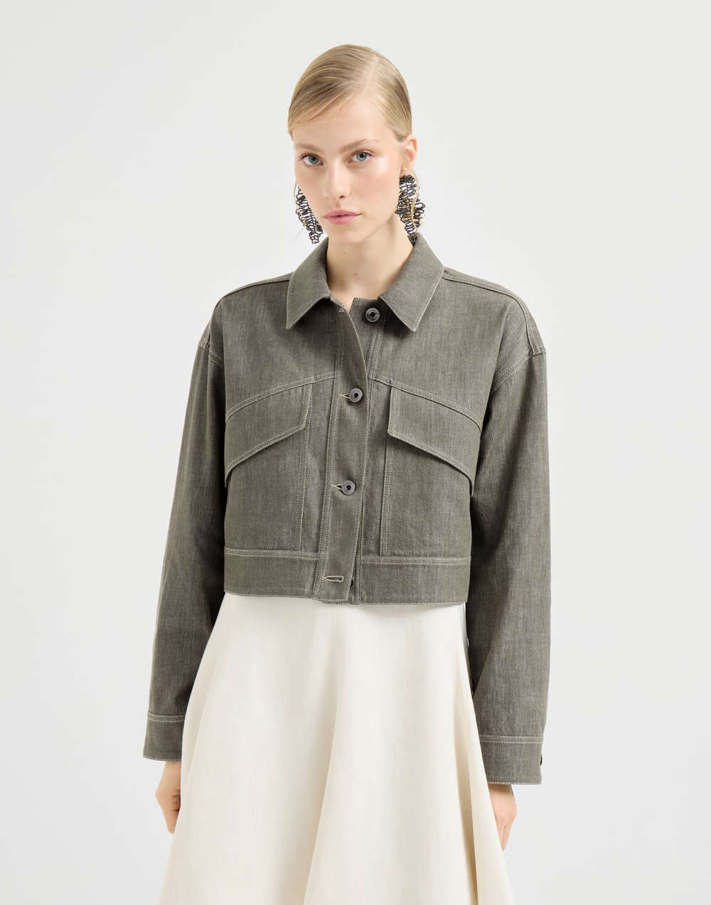 Denim-effect twill outerwear jacket Olive Woman - Brunello Cucinelli