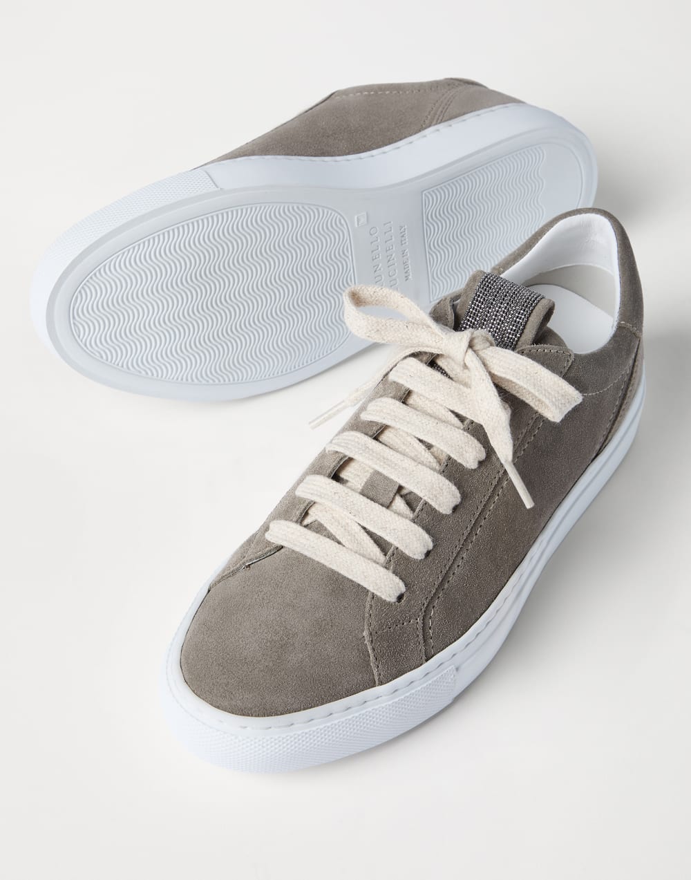 Suede sneakers with monili Khaki Woman - Brunello Cucinelli