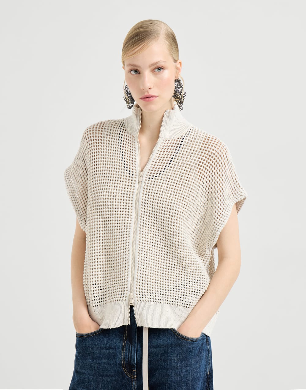 Cotton net cardigan Oat Woman - Brunello Cucinelli