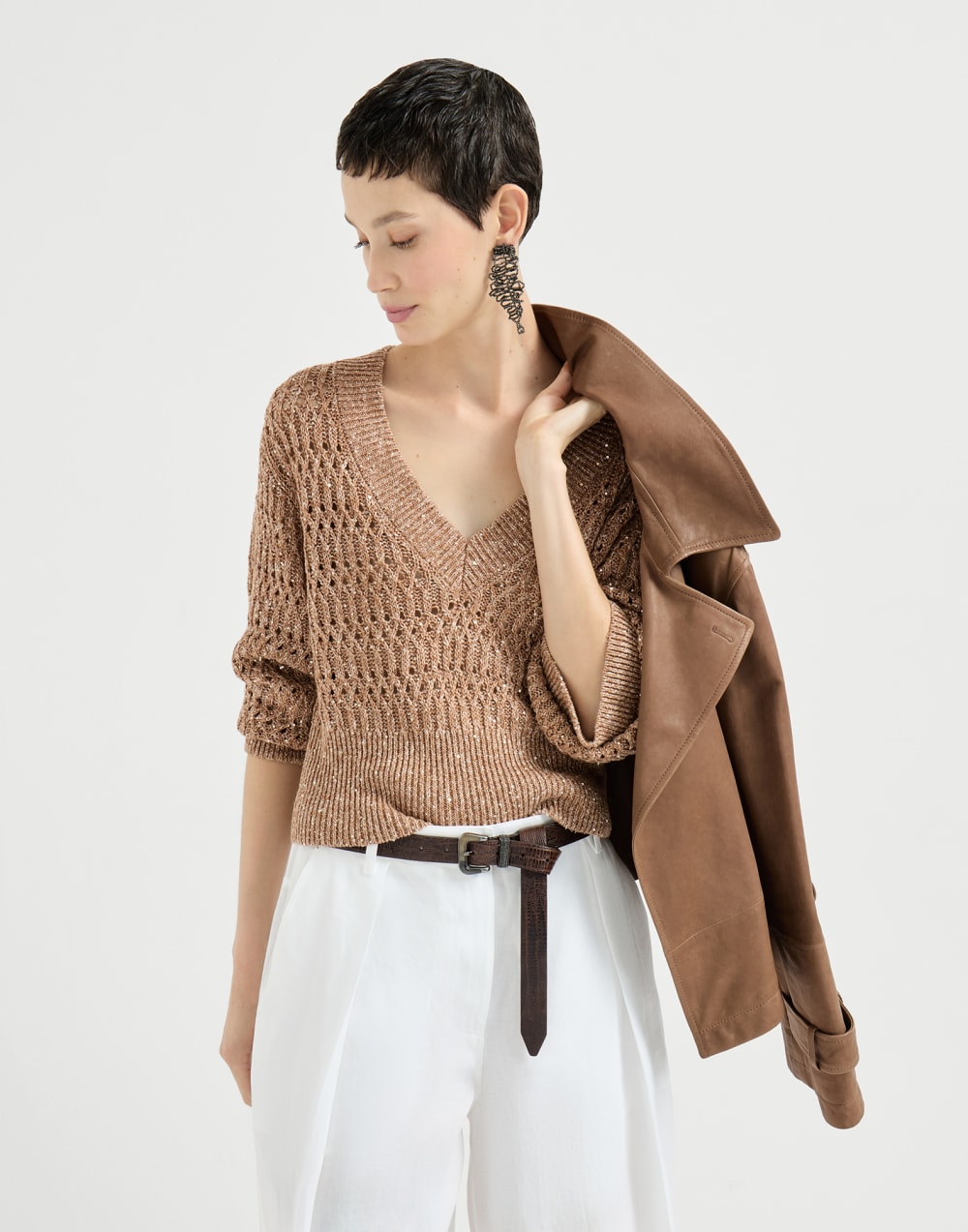 Dazzling braids sweater Brown Woman - Brunello Cucinelli