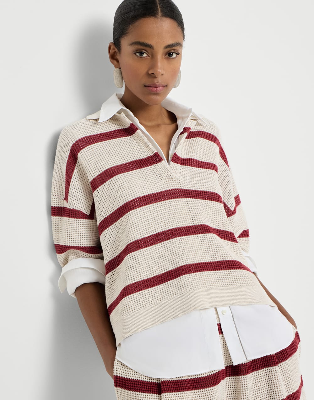 Cotton striped net knit polo shirt Bordeaux Woman - Brunello Cucinelli