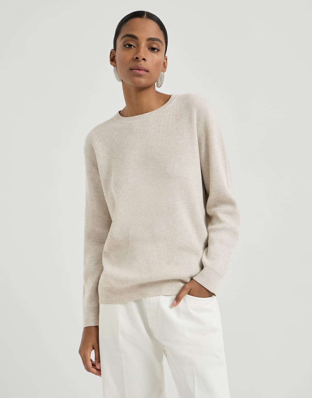 Cashmere sweater with monili Oyster Woman - Brunello Cucinelli