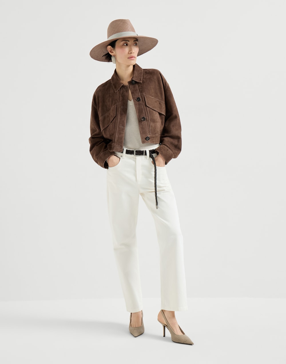 Cashmere sweater with monili Oyster Woman - Brunello Cucinelli