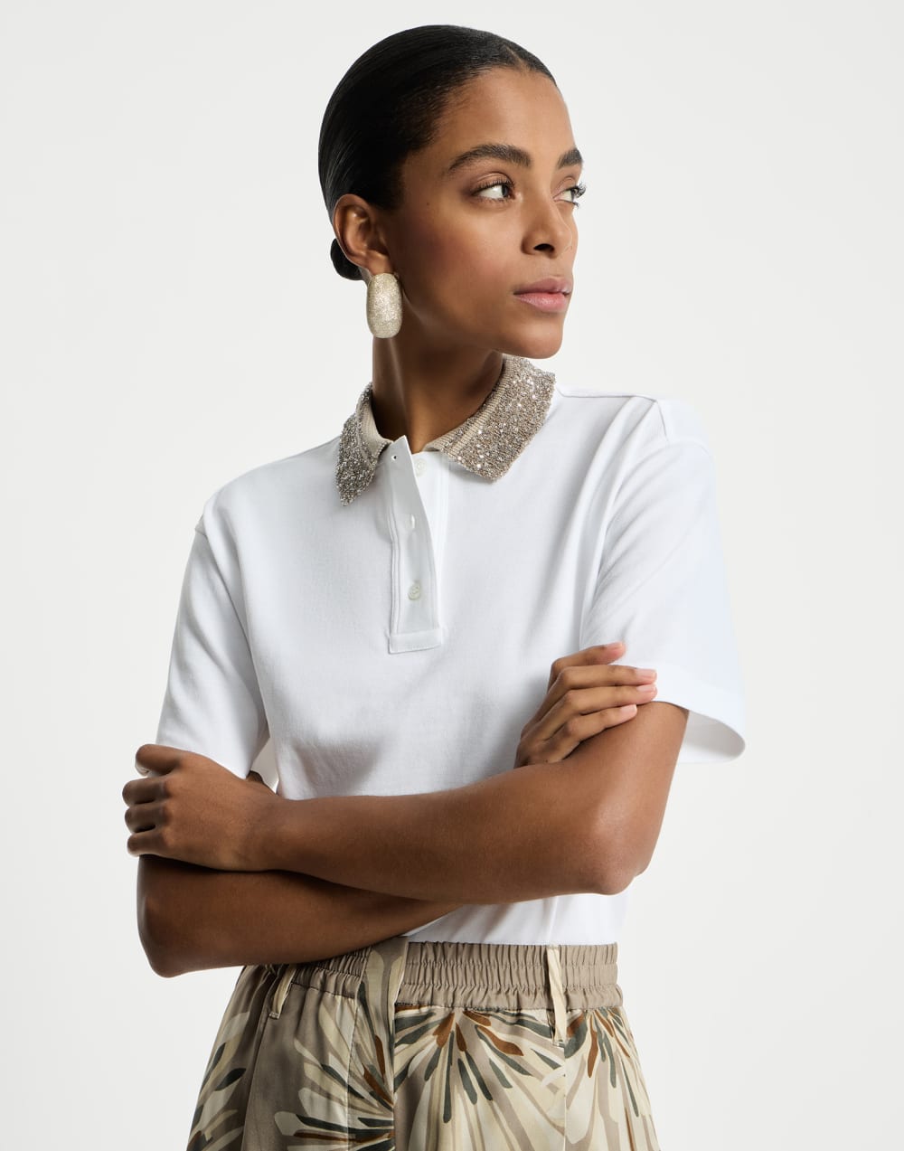 Polo with dazzling knit collar White Woman - Brunello Cucinelli