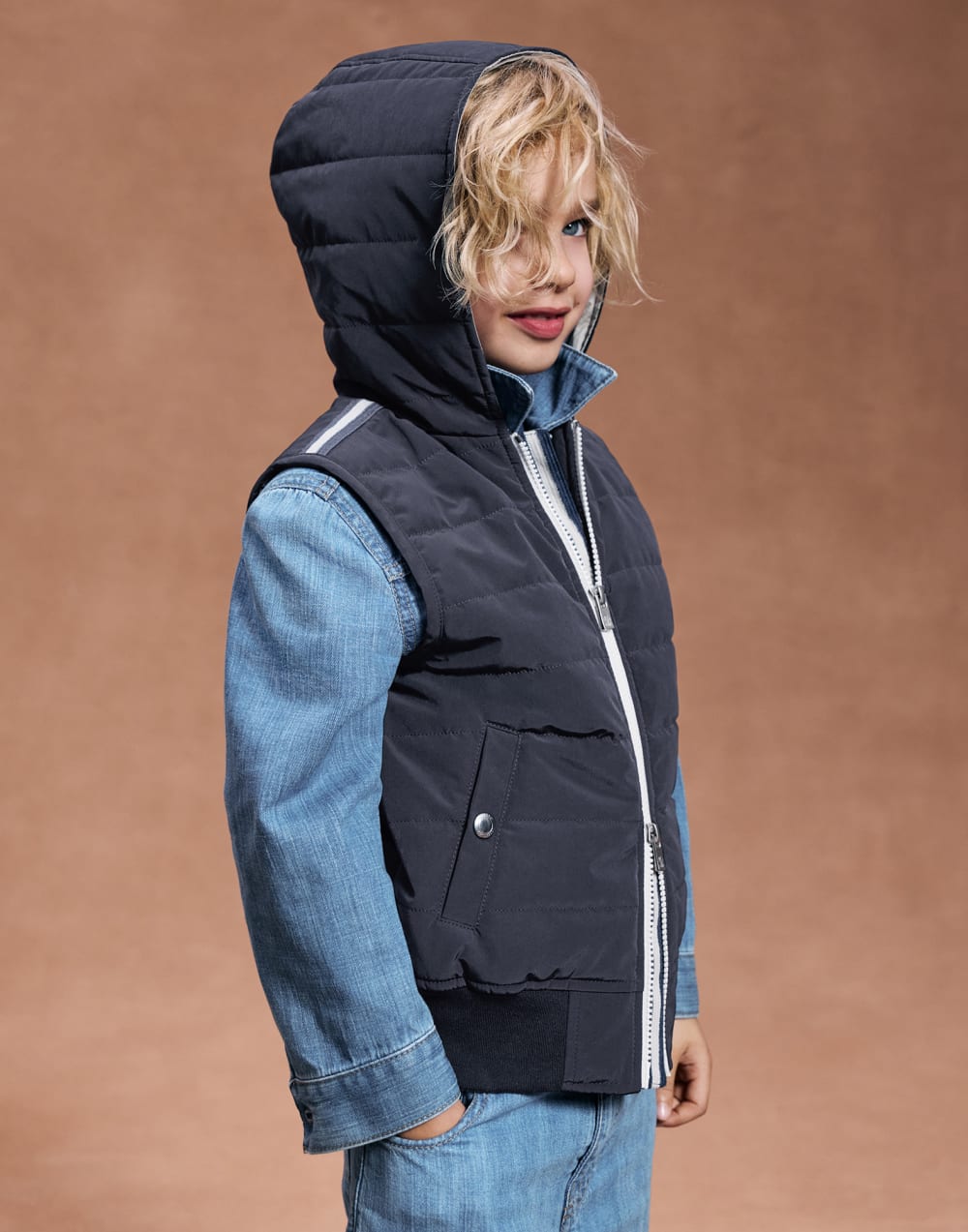 Hooded down vest Blue Boys - Brunello Cucinelli