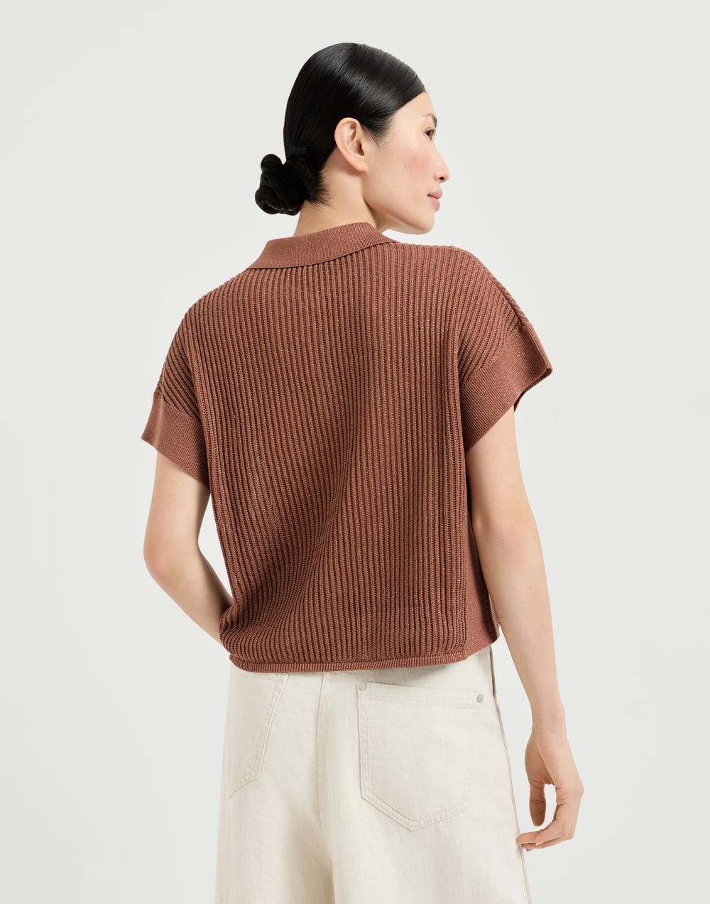 Ribbed net polo shirt Firebrick Woman - Brunello Cucinelli