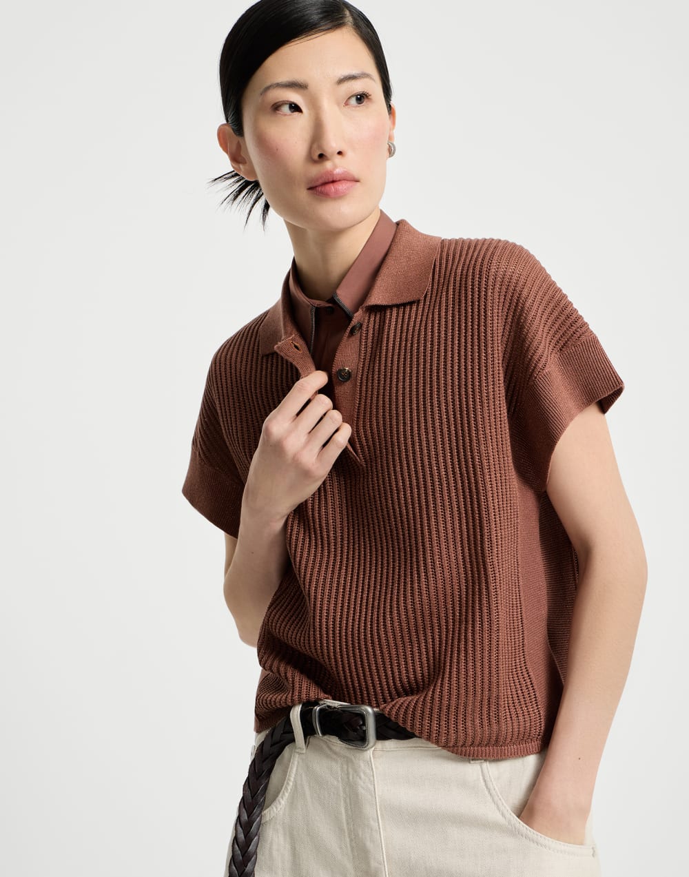 Ribbed net polo shirt Firebrick Woman - Brunello Cucinelli