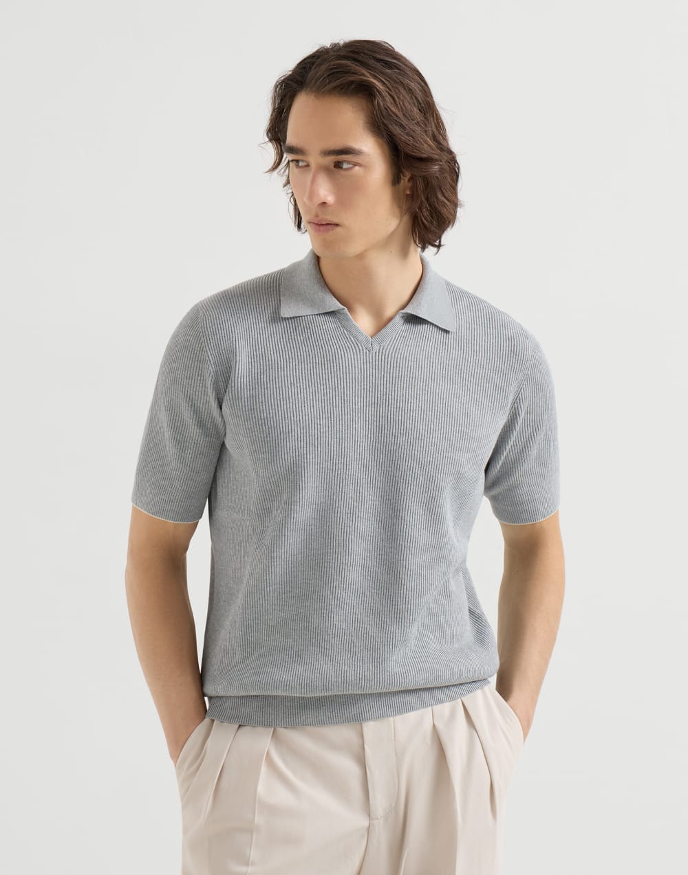コットン イングリッシュリブニット ポロシャツ グレー メンズ - Brunello Cucinelli