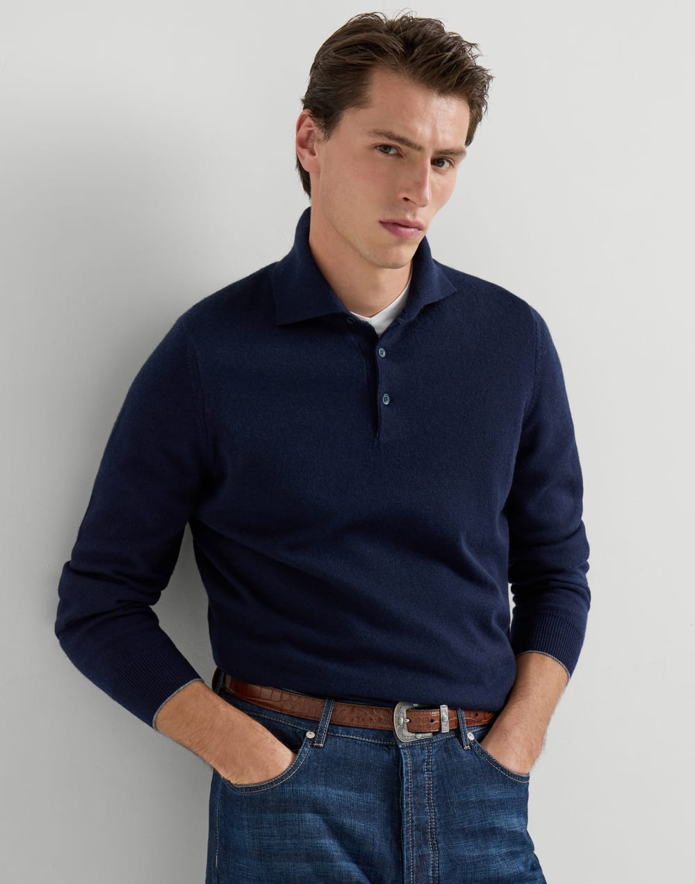 Poloshirt aus Kaschmirstrick Navy-Blau Herren - Brunello Cucinelli