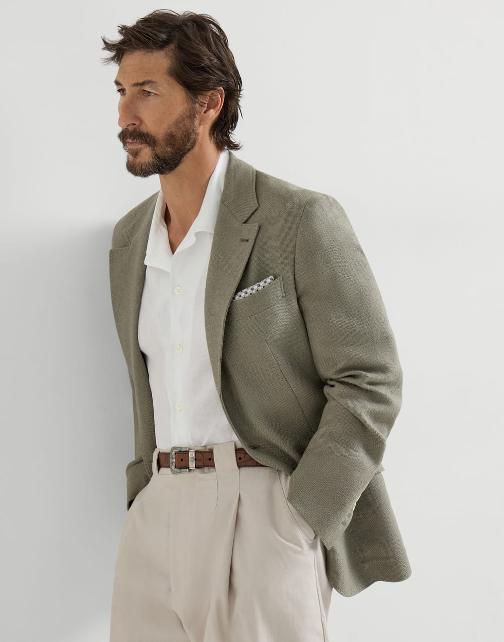 Chaqueta deconstruida de hopsack Khaki Hombre - Brunello Cucinelli