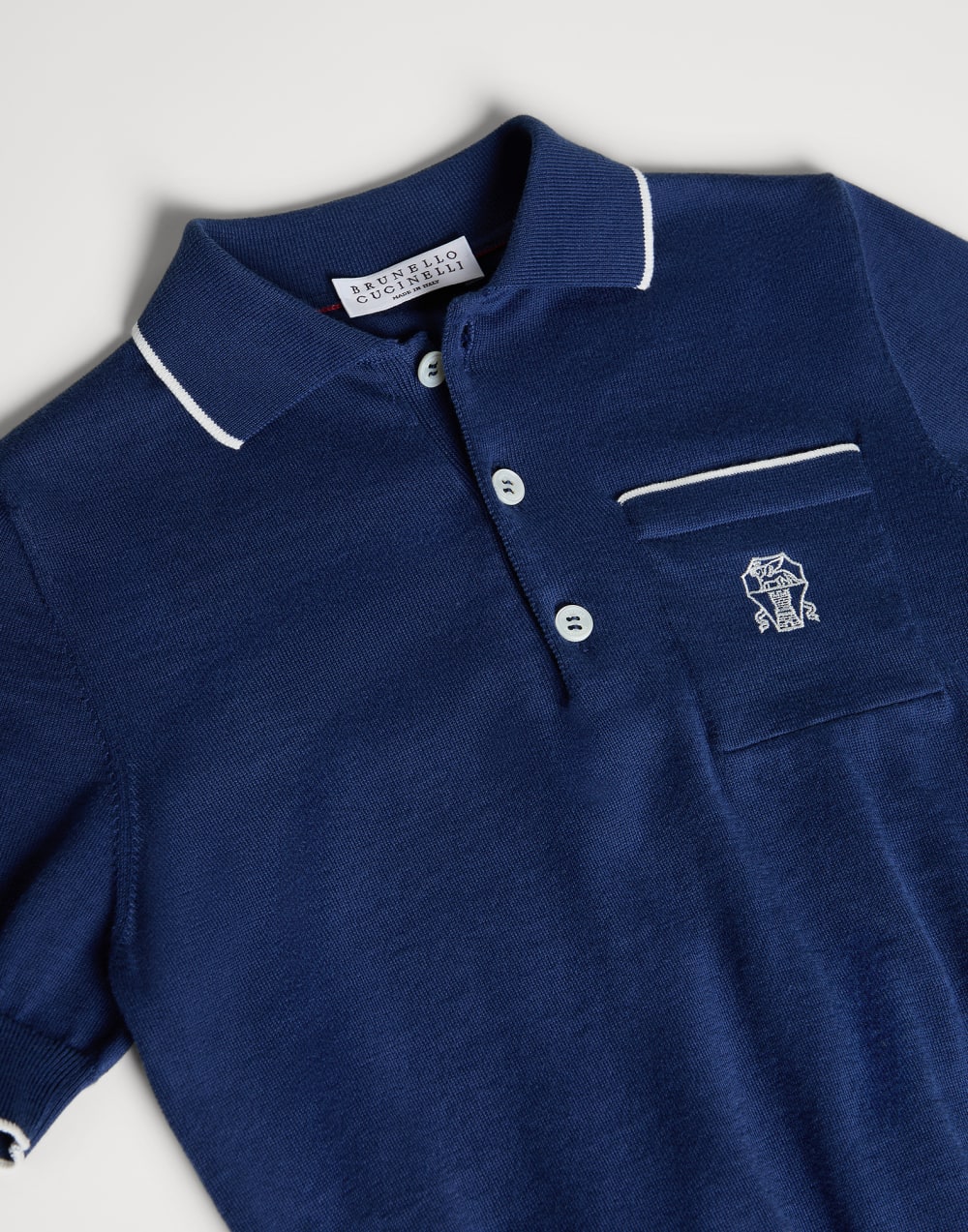 Polo en maille légère de coton avec logo Bleu Garçon - Brunello Cucinelli